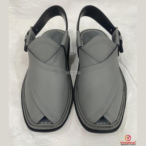 Dark Grey Leather Footwear: Authentic Handmade Gents Peshawari Chappal main image 8
